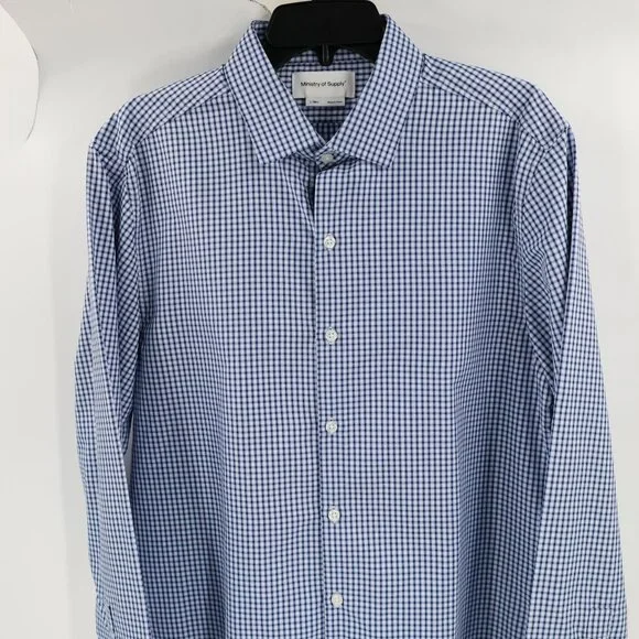 Ministry Of Supply Shirt Mens Large Blue Check Slim Fit Recycled poly Button Up - Picture 3 of 12